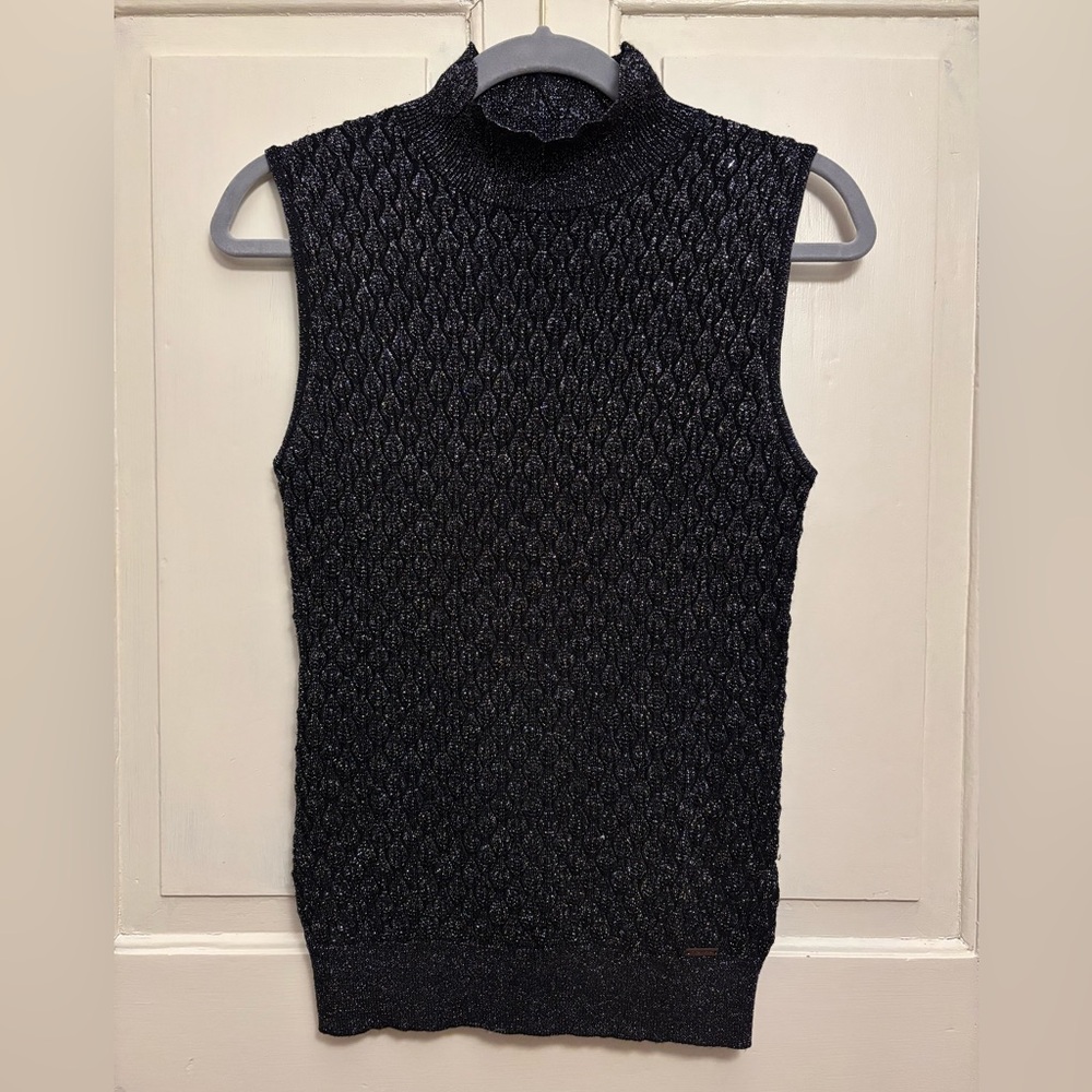 T Tahari Metallic Knit Mock Neck Sleeveless Top, size S